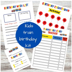 Ausdruckbare Kinder-Zug Füllen Sie die leeren Dankesnotizen aus: Geburtstags-Countdown, Geburtstagswunschliste, Dankeskarten-Tracker;  PDF-Datei