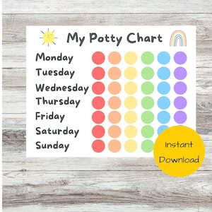 May include: A printable potty chart with a rainbow and a sun. The chart has days of the week listed on the left and a row of colored circles for each day. The text "My Potty Chart" is at the top of the chart. The text "Instant Download" is in a yellow circle at the bottom right corner.