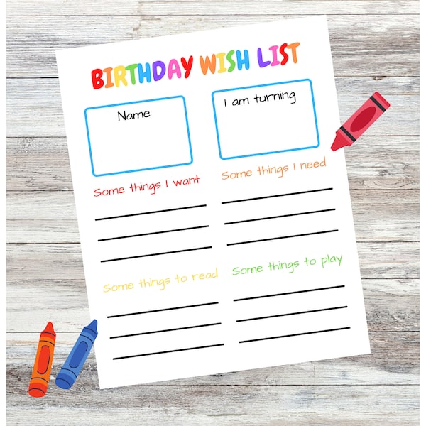 Geburtstagswunschliste, Kindergeburtstag liste, Geburtstagswünsche, Geschenkewunschliste, druckbares PDF