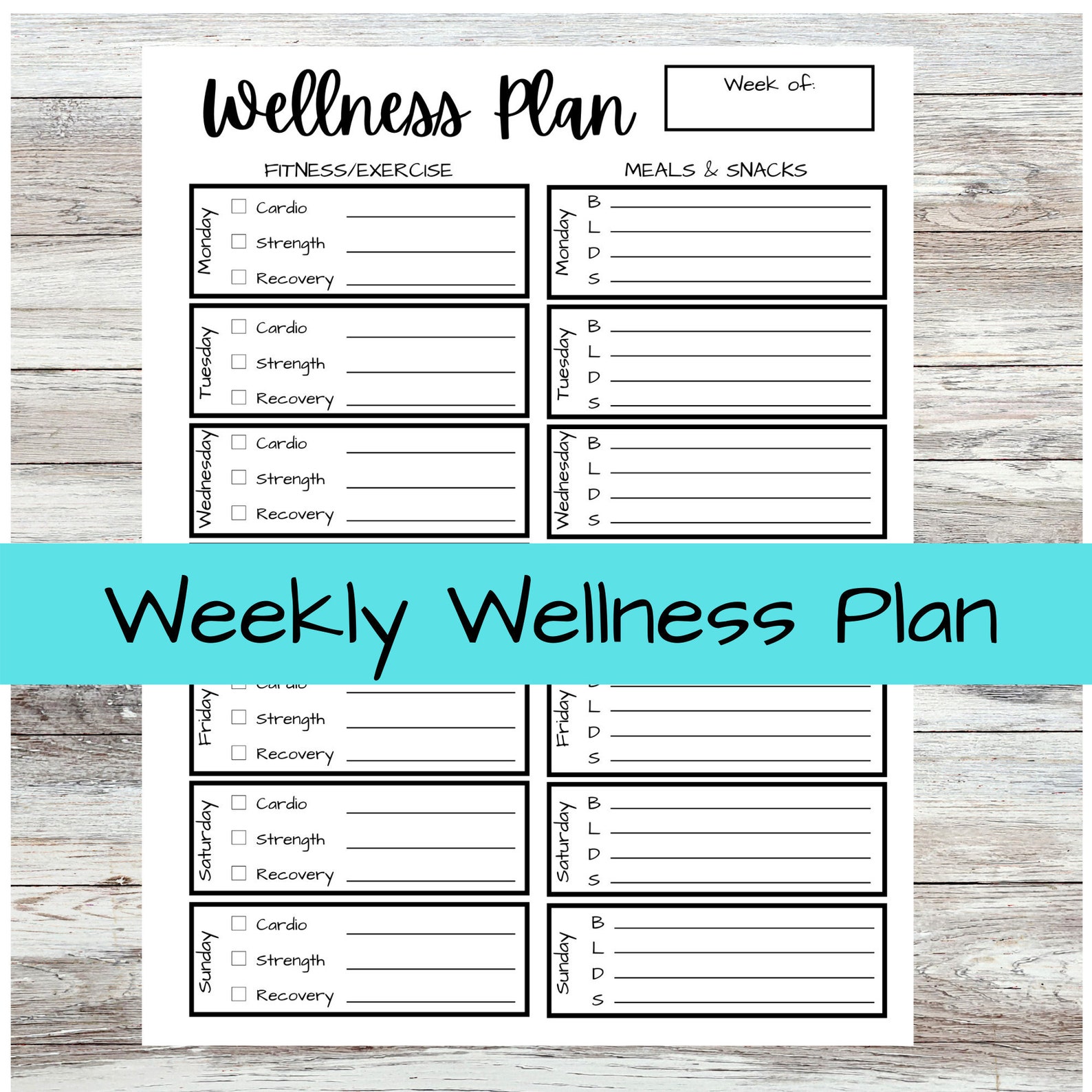 Printable Weekly Wellness Plan fitness and exercise plan Etsy