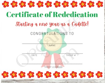 Cadette Girl Scouts Certificate printable,  rededication certificate, fill in the blanks, PDF printables