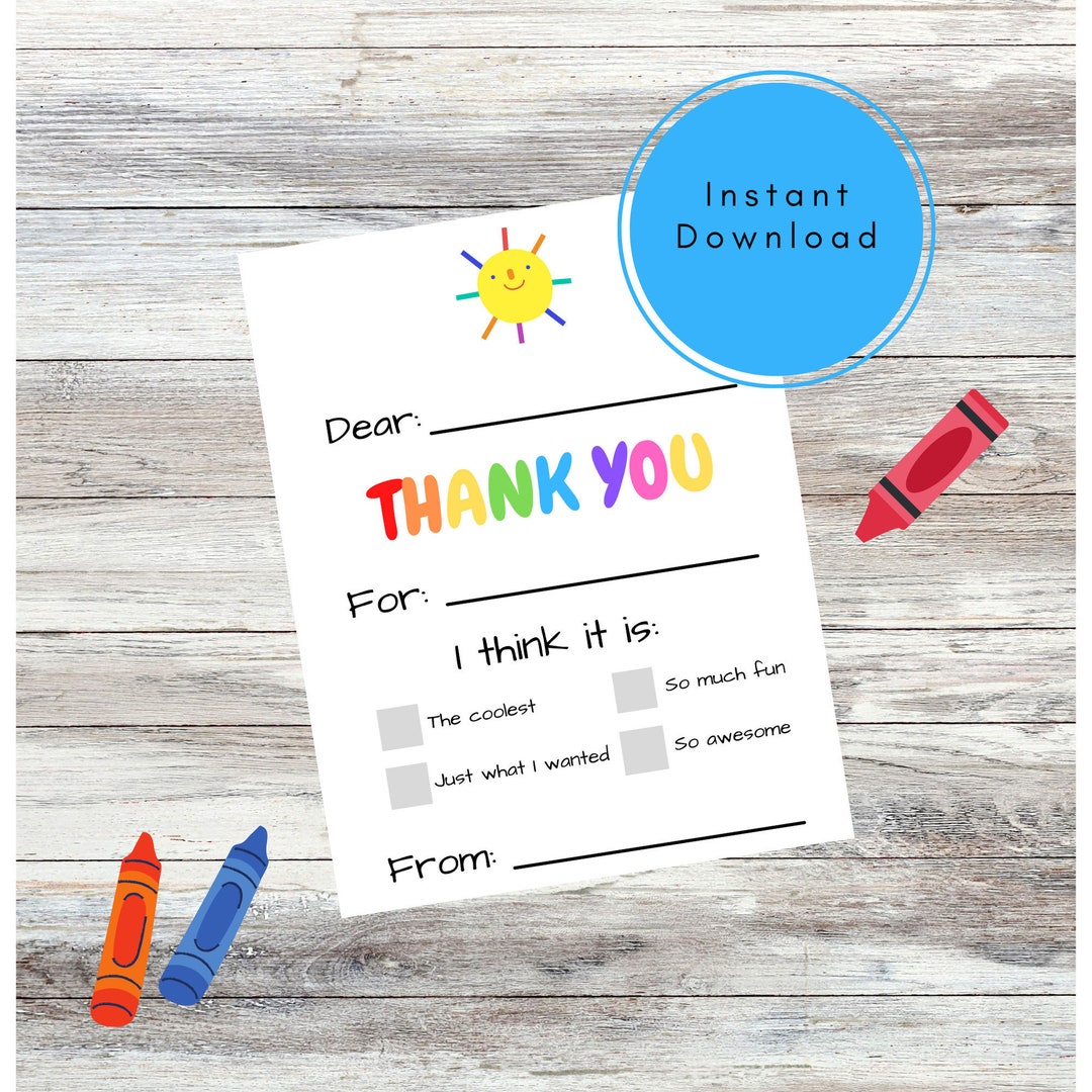 Printable Fill in the Blank Kids Thank You Cards, Thank You Kids, Birthday, Party, Gratitude, Gifts, Fillable, Card, 4 Cards, Thanks, PDF - Etsy