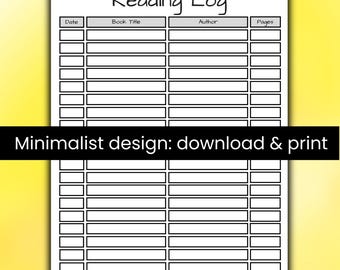 Minimalistisk läslogg, lässpårare på en sida, bokspårare, utskrivbar PDF, gråvit och svart design