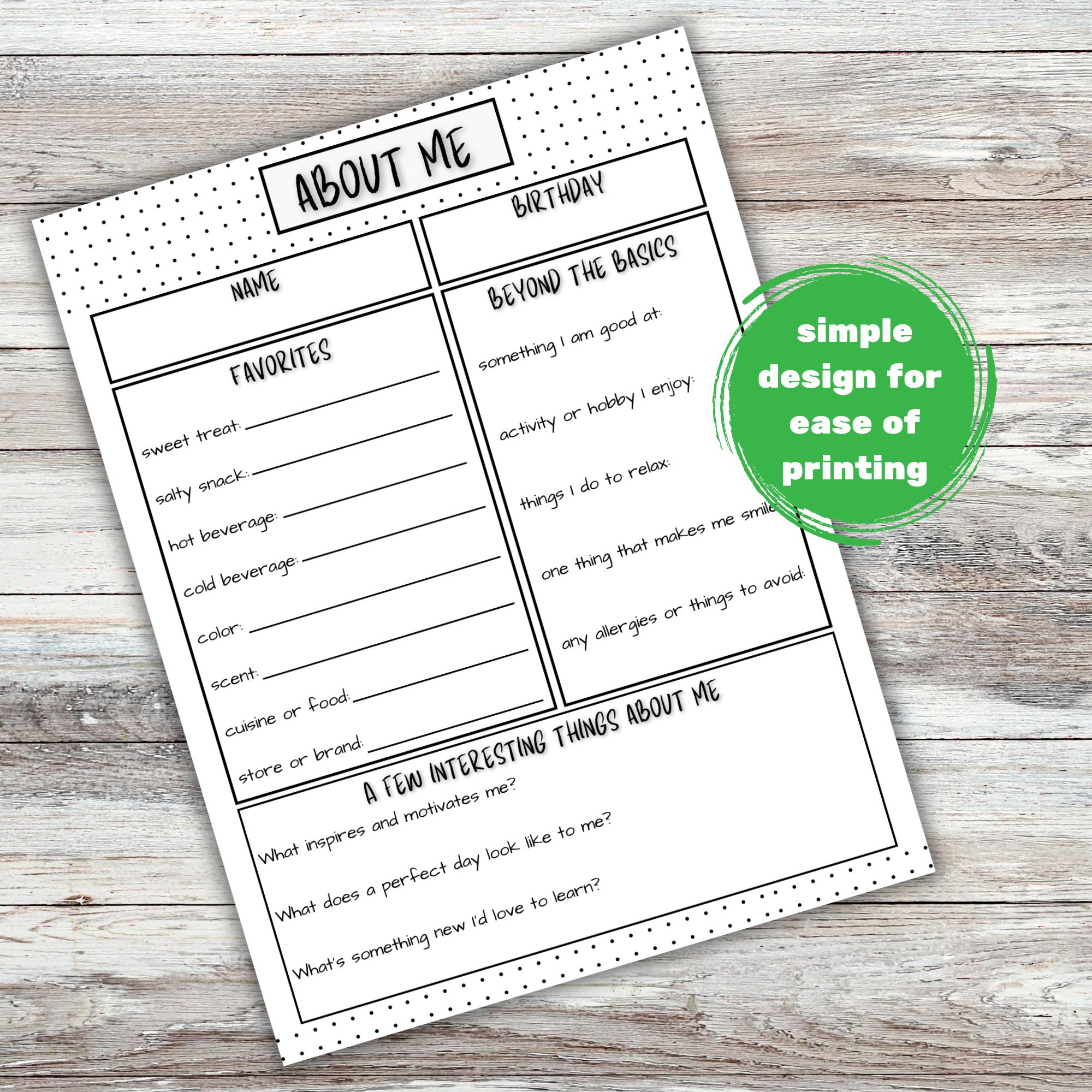 Printable About Me Worksheet | Coworker, Student, Teacher, Family ...
