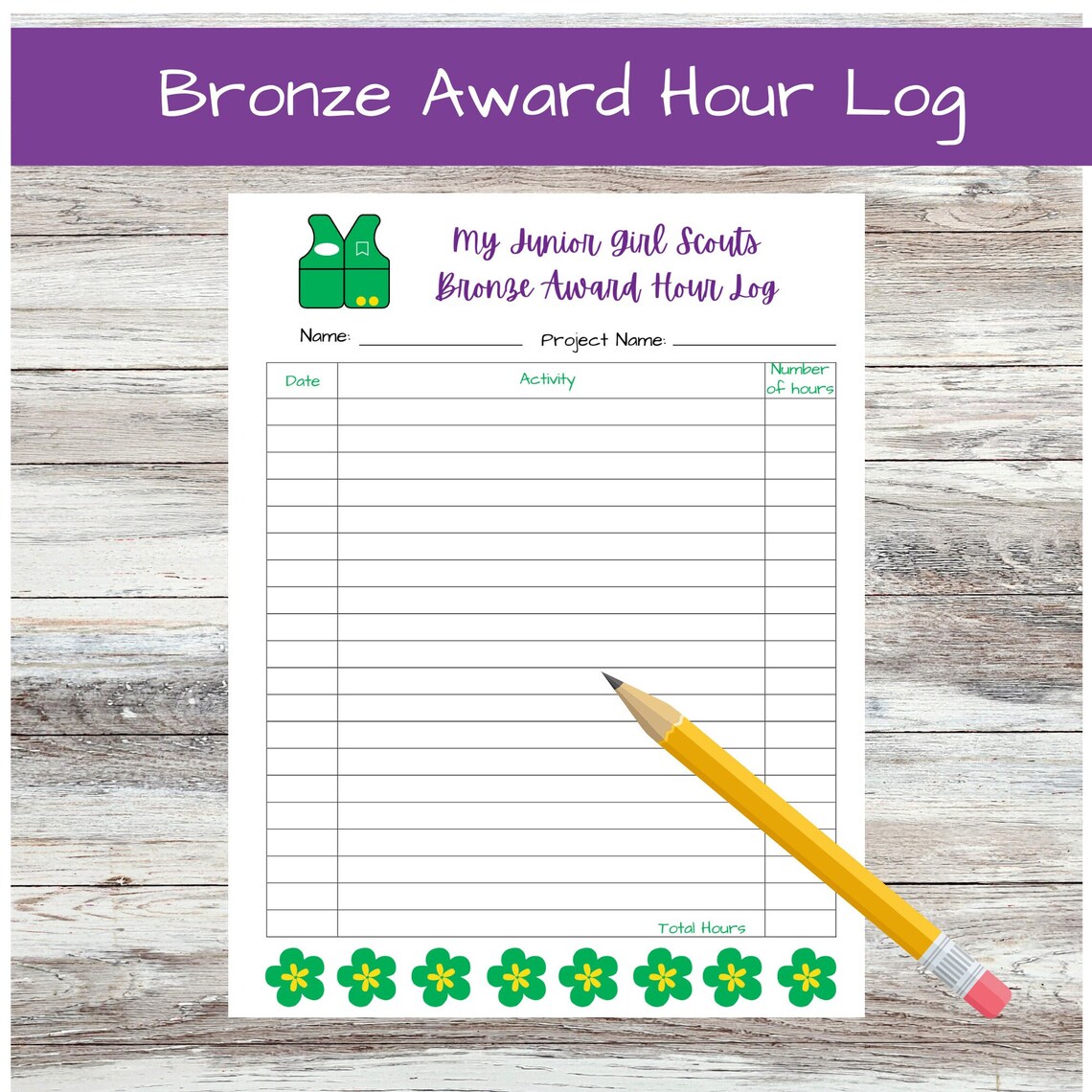 Jr. Log Samples Printable Bronze Award Hour Log, Junior Girl Scout Bronze Award Time ...