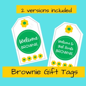 Brownie Girl Scouts Tags printable; bridging gift tag, investiture gift tag, print, hole punch, ribbon PDF printables