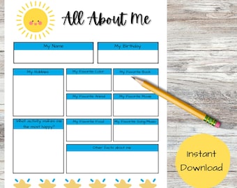 Printable All About Me; Elementary School Activity, About me Questionnaire, first day of school activity, All About Me PDF