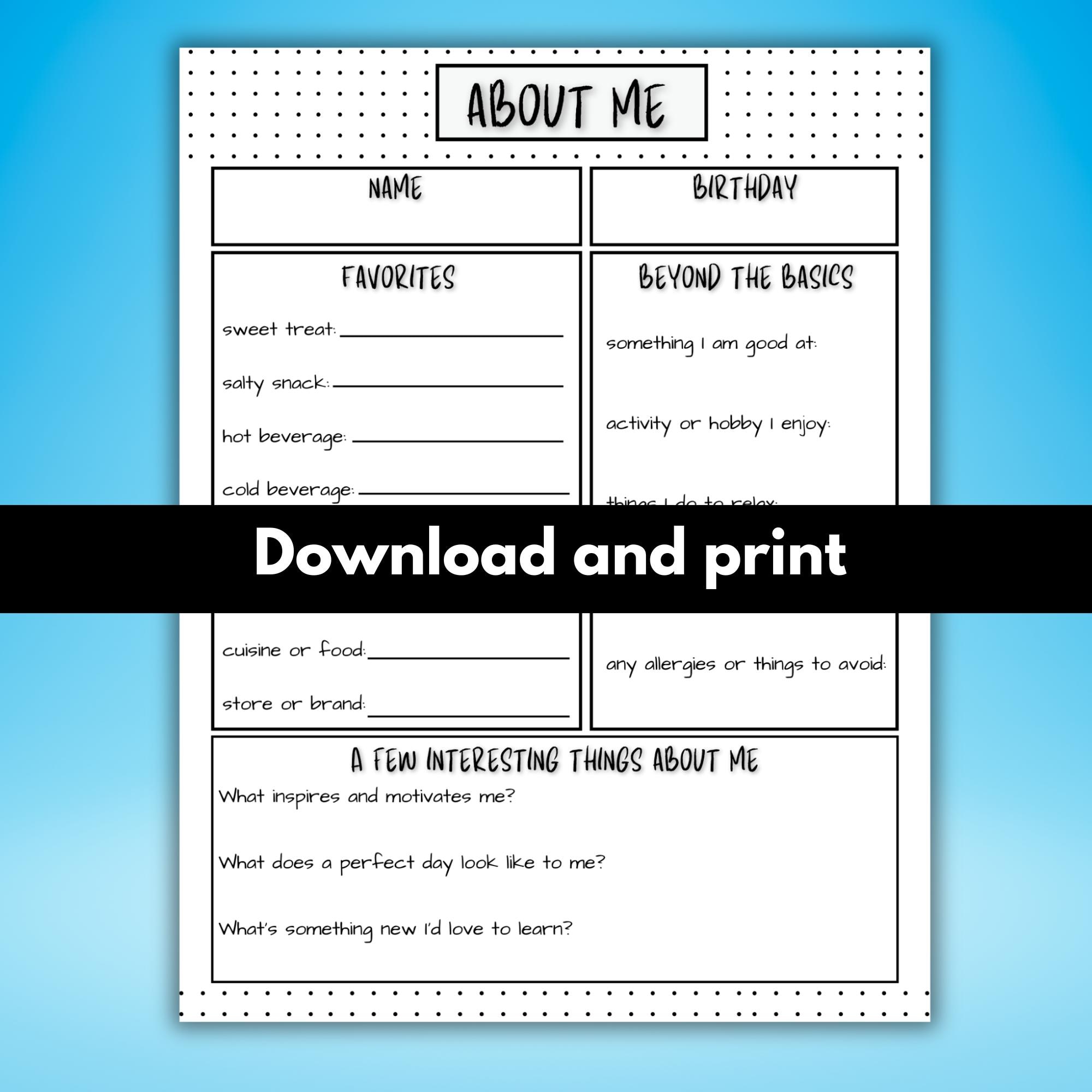 Printable About Me Worksheet | Coworker, student, teacher, family questionnaire, my favorites, fillable about me sheet PDF