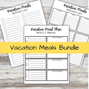 May include: Printable vacation meal planner with grocery lists and meal planning pages. The planner includes sections for produce, dairy, bakery, seafood, pantry/dry goods, breakfast, lunch, dinner, snacks, and prep required. The planner is designed to help you plan your meals and snacks for a vacation.