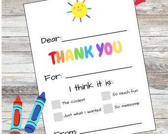 Printable Fill-in-the-Blank Thank You Cards for Kids - Birthday Party Gratitude Notes (4 PDF Cards)