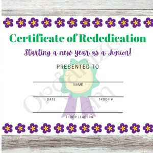 Junior Girl Scouts Certificate printable,  rededication certificate, fill in the blanks, PDF printables