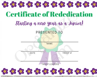 Junior Girl Scouts Certificate printable,  rededication certificate, fill in the blanks, PDF printables