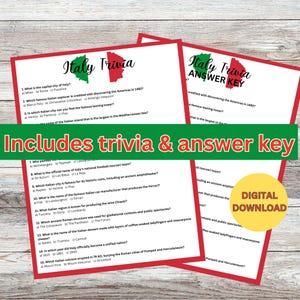 May include: Two printable pages of Italy trivia questions and answers. The pages are red with a green and white Italian flag design. The text on the pages is black. The top page has the title "Italy Trivia" and the bottom page has the title "Italy Trivia Answer Key".
