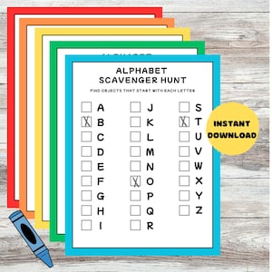 May include: A printable alphabet scavenger hunt game with a blue, green, yellow, orange, and red border. The game has a list of letters from A to Z with checkboxes next to each letter. The text "INSTANT DOWNLOAD" is in a yellow circle.