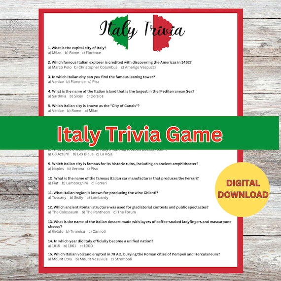 Italy Trivia Game, Italian quiz, Italy travel game, Italian trivia quiz, Italian culture game, Italy fun game, Italian knowledge game, PDF