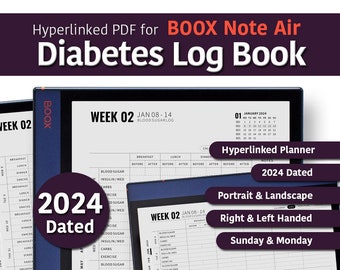 Carnet numérique de glycémie, planificateur de repas pour diabète pour Boox Note Air, modèles datés 2024 PDF [S65]