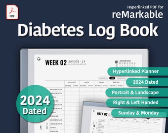 Diabetes Log Journal, modèles reMarkable 2, planificateur médical daté 2024 avec lien hypertexte, suivi de la glycémie [S65]