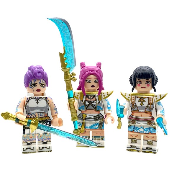 Set de 3 minifiguras de cazadores de demonios blancas personalizadas. Set de 4 minifiguras de cantantes pop.