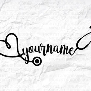 May include: Black and white graphic design of a stethoscope with a heart shape and the text "yourname".
