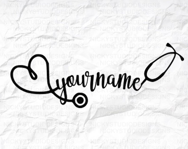 May include: Black and white graphic design of a stethoscope with a heart shape and the text "yourname".