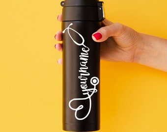 May include: Black insulated water bottle with a white stethoscope design and the text "your name".
