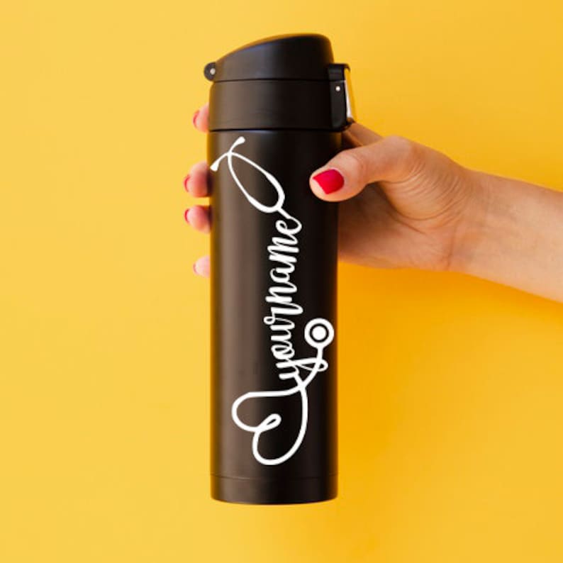 May include: Black insulated water bottle with a white stethoscope design and the text "your name".
