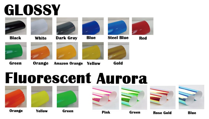 May include: A chart showing different colors of vinyl wrap. The top row shows glossy colors: black, white, dark gray, blue, steel blue, and red. The second row shows glossy colors: green, orange, amazon orange, yellow, and gold. The bottom row shows fluorescent aurora colors: orange, yellow, green, pink, green, rose gold, and blue.