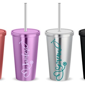 May include: Four stainless steel tumblers with personalized names and a stethoscope graphic. The tumblers are in pink, purple, silver, and black.