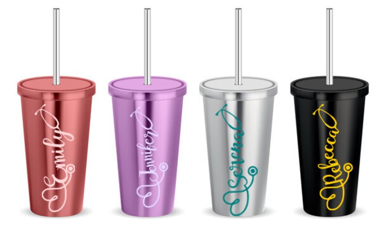 May include: Four stainless steel tumblers with personalized names and a stethoscope graphic. The tumblers are in pink, purple, silver, and black.