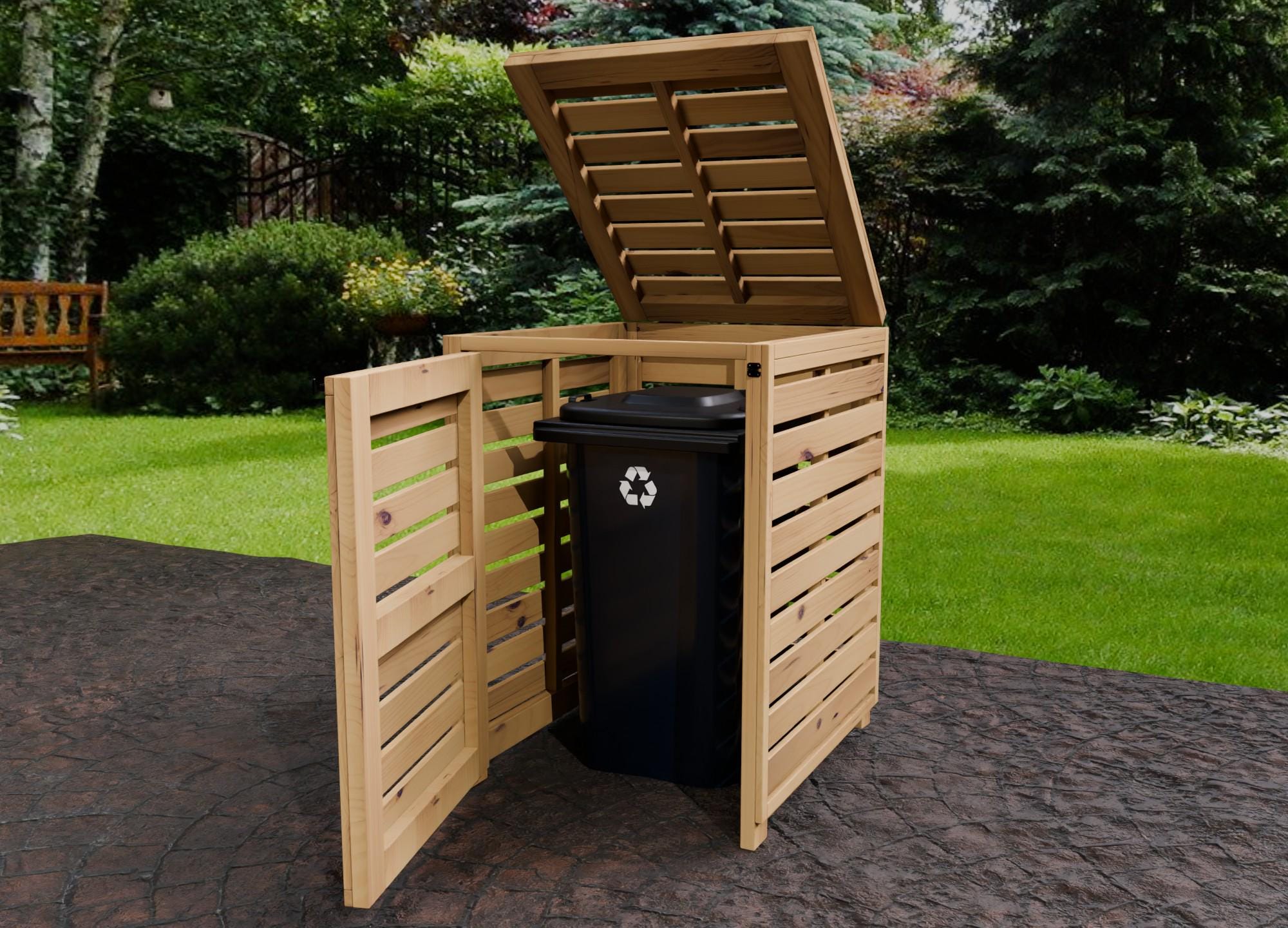 Plans for Single Garbage Wheelie Bin Store Compound 96Gal 64 Gal and 35Gal Digital Woodwork Plans US Imperial with Cut Lists