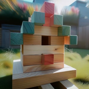 Könnte beinhalten: Eine Holzblockstruktur mit Blöcken aus Naturholz, Türkis und Rot. Die Blöcke sind zu einer hausähnlichen Form gestapelt, mit einer quadratischen Öffnung und einem hervorstehenden roten Block. Die Struktur steht auf einer Holzbasis.