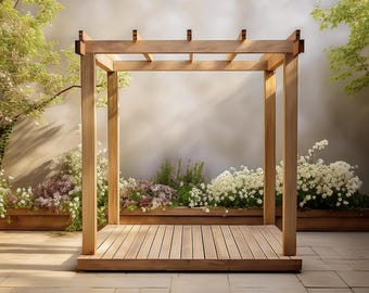 May include: A wooden pergola with a slatted roof and a wooden deck. The pergola is surrounded by lush greenery and flowers.