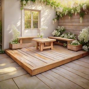 木製ガーデンデッキ2.4m×3mのプラン（家具とプランター付き）DIYデジタル木工プラン（英国メートル法のみ、カットリスト付き）テーブルベンチ