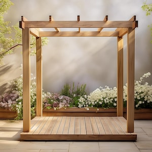Plannen voor zeer eenvoudige houten pergola en terras van 2,4 x 2,4 m (8ft x 8ft) Digitale houtbewerkingsplannen alleen downloaden VK Metrisch met kniplijsten