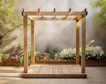 May include: A wooden pergola with a slatted roof and a wooden deck. The pergola is surrounded by lush greenery and flowers.