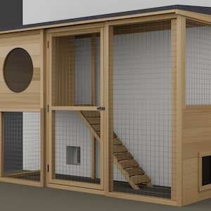 Può includere: Un recinto esterno in legno per gatti con una rampa, una porta e una finestra rotonda. Il recinto è fatto di legno e rete metallica.