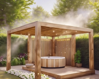 May include: A wooden pergola with a hot tub underneath. The pergola has a wooden slatted roof and a wooden fence on the sides. There are white flowers in the foreground.