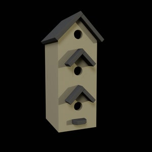May include: A three-story birdhouse with a brown wooden base and a gray roof. Each story has a small round opening for birds to enter.
