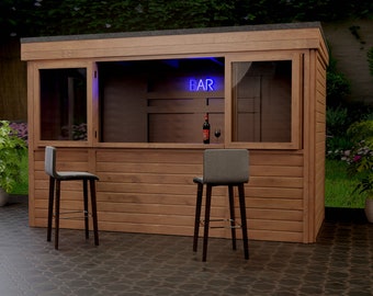 May include: A wooden outdoor bar with a glass front and a neon blue "BAR" sign. Two grey bar stools are in front of the bar.