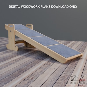 Op de afbeelding: Een houten dierenrampe met een grijs tapijt oppervlak. De rampe is ontworpen om huisdieren te helpen op en van meubels of bedden te komen. DIGITAL WOODWORK PLANS DOWNLOAD ONLY.