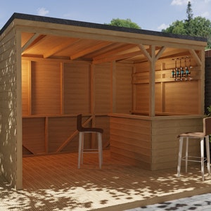 Plany drewnianego baru z zadaszeniem 2,4 m x 3,6 m Tiki Pub DIY cyfrowe plany stolarskie tylko brytyjskie metryczne z listami cięć