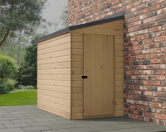 May include: A wooden shed with a single door and a slanted roof. The shed is painted a light brown color and is attached to a brick wall.