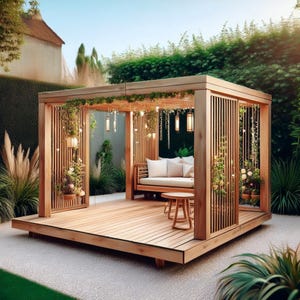 May include: A wooden gazebo with a slatted design, featuring a built-in swing and small table. The structure is adorned with hanging lights and greenery, creating a cozy outdoor living space. The gazebo sits on a wooden deck surrounded by plants.