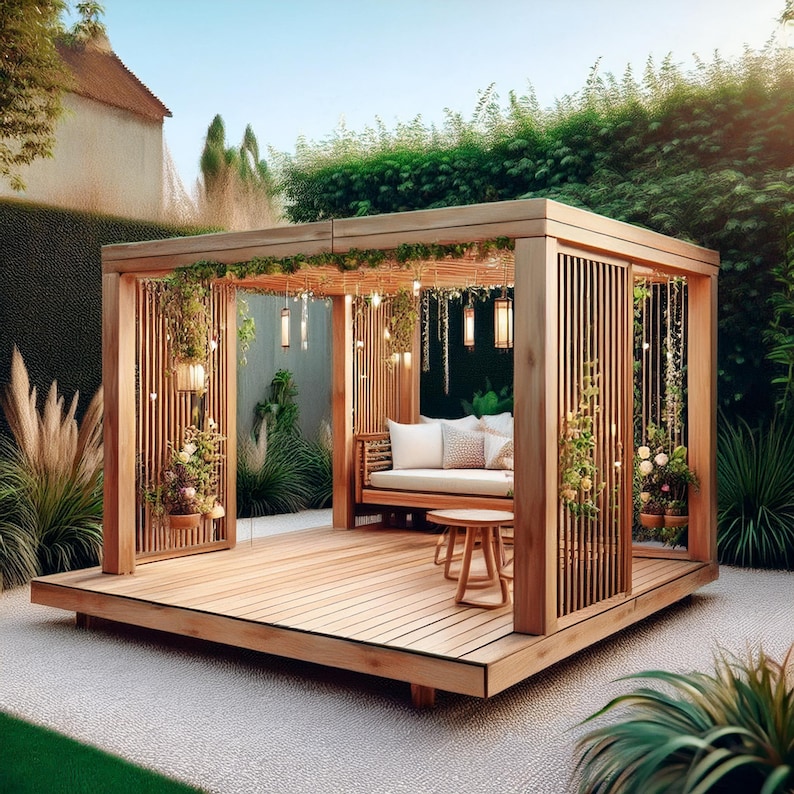 May include: A wooden gazebo with a slatted design, featuring a built-in swing and small table. The structure is adorned with hanging lights and greenery, creating a cozy outdoor living space. The gazebo sits on a wooden deck surrounded by plants.