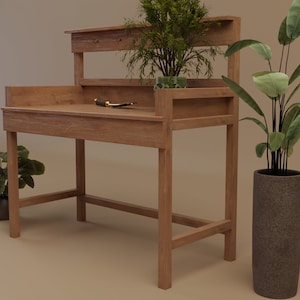 May include: A wooden potting bench with a shelf and a small gardening tool on the top surface. There are two potted plants, one on the floor and one on the shelf.