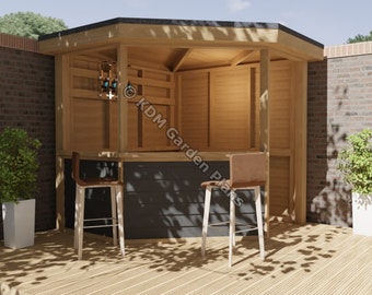Planos para barra de jardín de esquina octogonal de madera de 2,1 x 2,1 m, barra de cócteles y barbacoa, planos digitales de carpintería, descarga solo en sistema métrico británico con listas de cortes.
