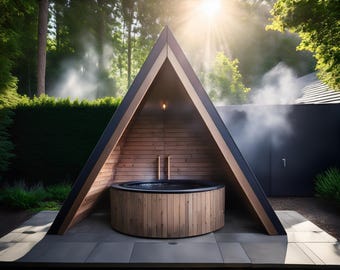 May include: A wooden hot tub sits inside a triangular wooden structure with a black roof. The structure is surrounded by a stone patio and lush greenery.