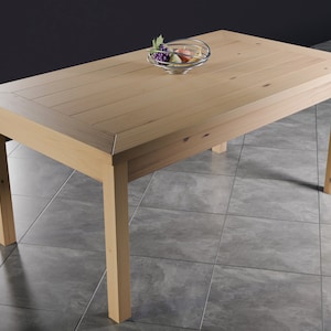May include: A light wood dining table with a rectangular top and four legs. The table is made of natural wood with a light brown finish. The table is sitting on a tiled floor.