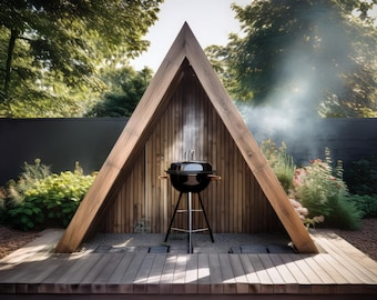 May include: A black charcoal grill with a wooden frame and a wooden deck in front of it. The grill is in a triangular structure with a wooden roof.