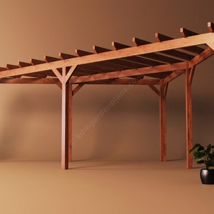 May include: A wooden pergola with a brown stain, standing on a brown background. The pergola has a rectangular shape and is made of horizontal and vertical beams. There are three potted plants in the image, two on the left side and one on the right side of the pergola.